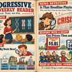 Progressive Weekly Reader No. 1: Read. Think. Ask Why. Illustrated political satire on science, economic terms, headlines, and gas prices.