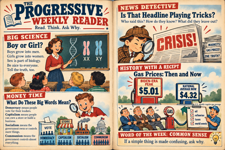 Progressive Weekly Reader No. 1: Read. Think. Ask Why. Illustrated political satire on science, economic terms, headlines, and gas prices.