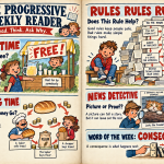 Progressive Weekly Reader No. 2: illustrated political satire about taxes, the movement of money, bureaucracy, picture context, and consequences.