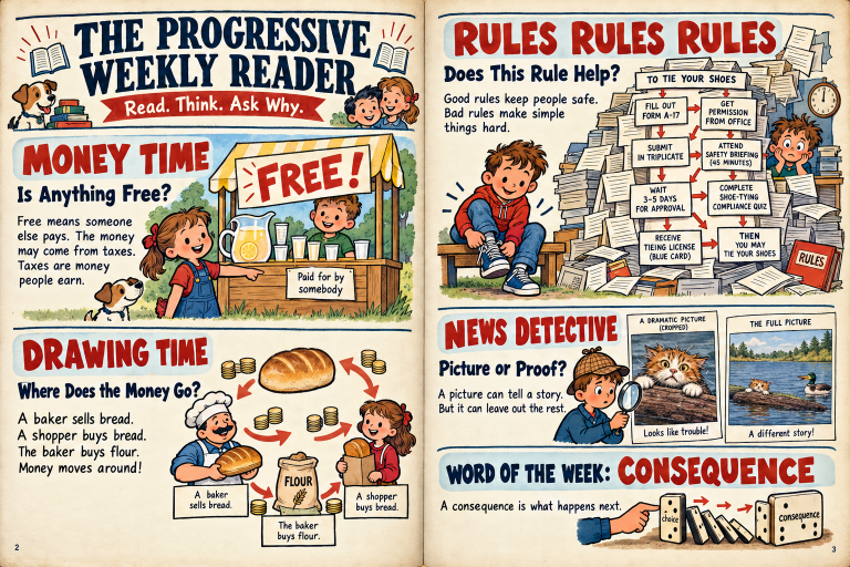 Progressive Weekly Reader No. 2: illustrated political satire about taxes, the movement of money, bureaucracy, picture context, and consequences.