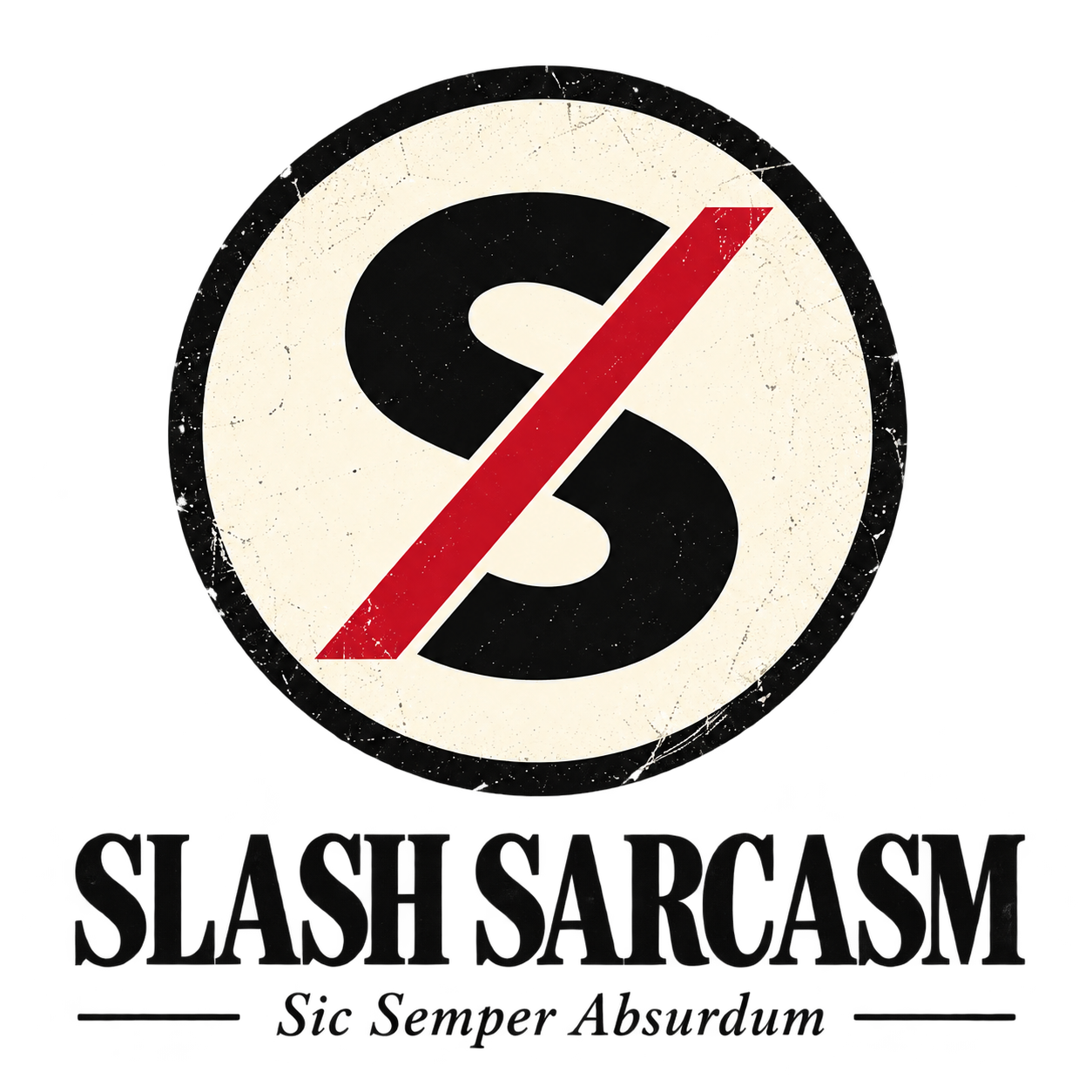 Slash Sarcasm logo: black S crossed by a red slash